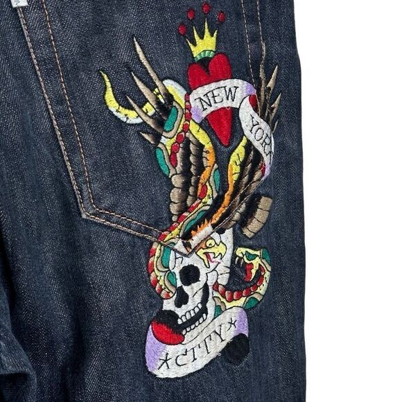 VTG Ed Hardy Denim Button Front Jeans Loose Fit Wide Leg By Christian Audigier S - Picture 7 of 9